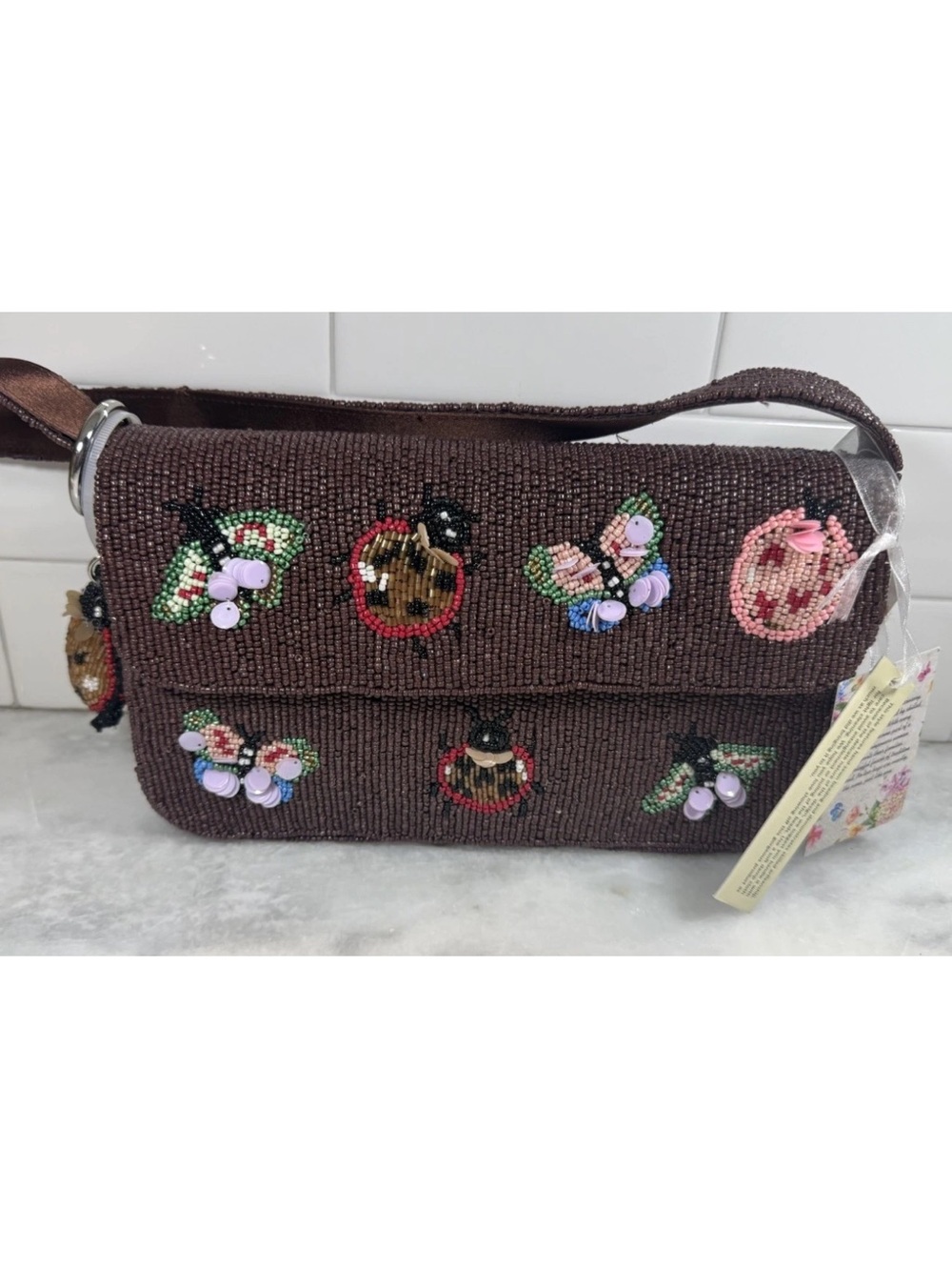 New Release Viral India Beaded Butterfly & Ladybug Shoulder Bag Brown NWT Charm - Picture 2 of 6